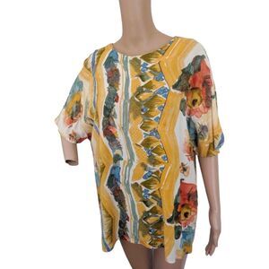 80s Vintage Yellow Print Blouse Casual Rayon Short Sleeve Top L
